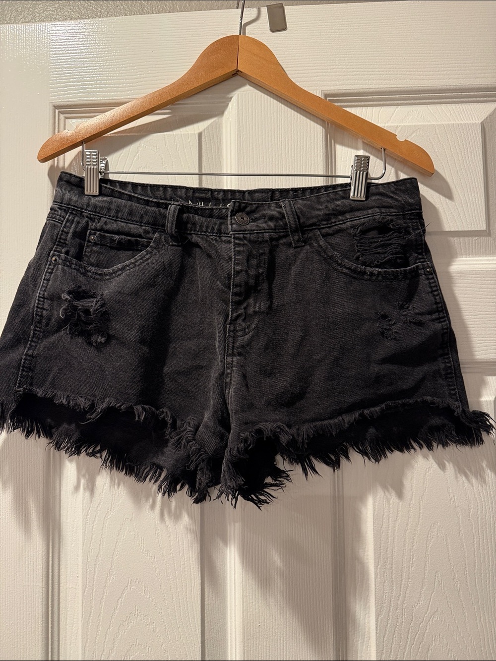 Black Distressed Frayed Hem Women's Denim Shorts